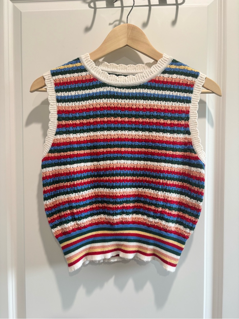 Striped Crochet Crop Tank Top - White with Multicolor Stripes